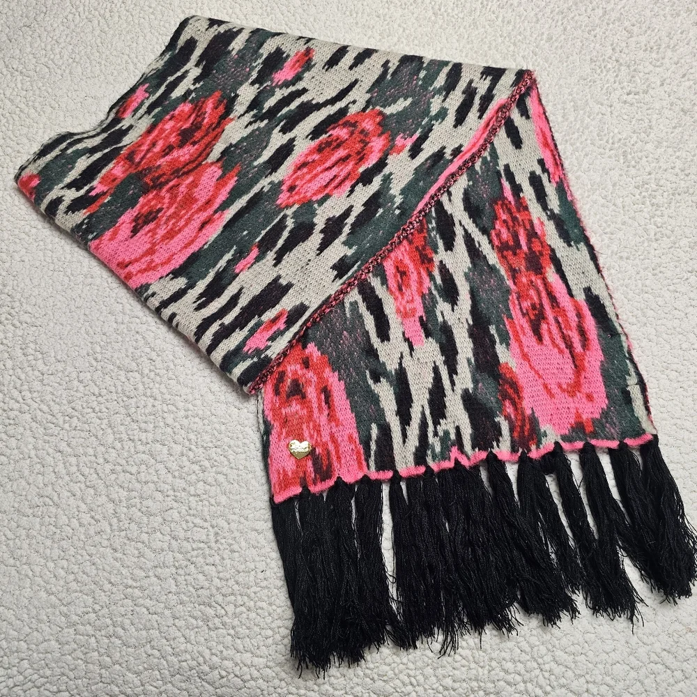 Betsey Johnson Sweater Knit Scarf Pink Rose Floral Black Fringe 72